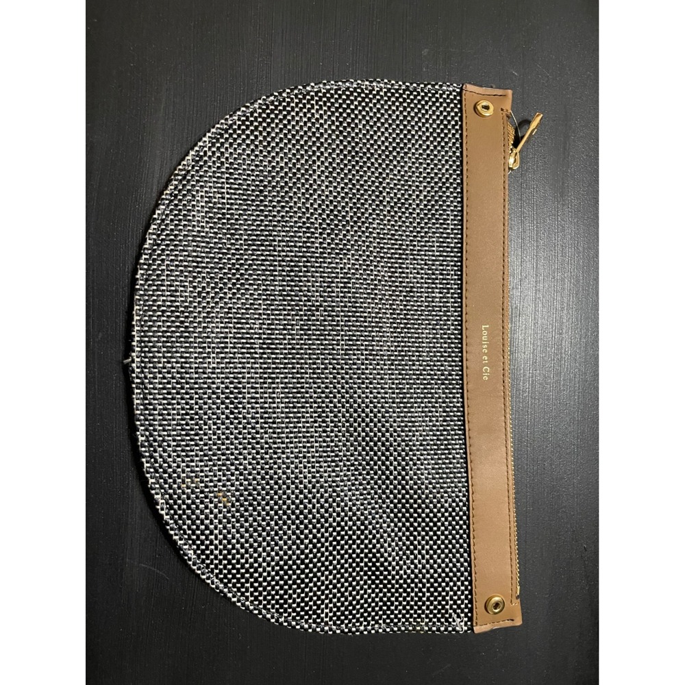 Louise et Cie Black White Woven Half Moon Pouch Clutch Bag Tan Leather Trim
